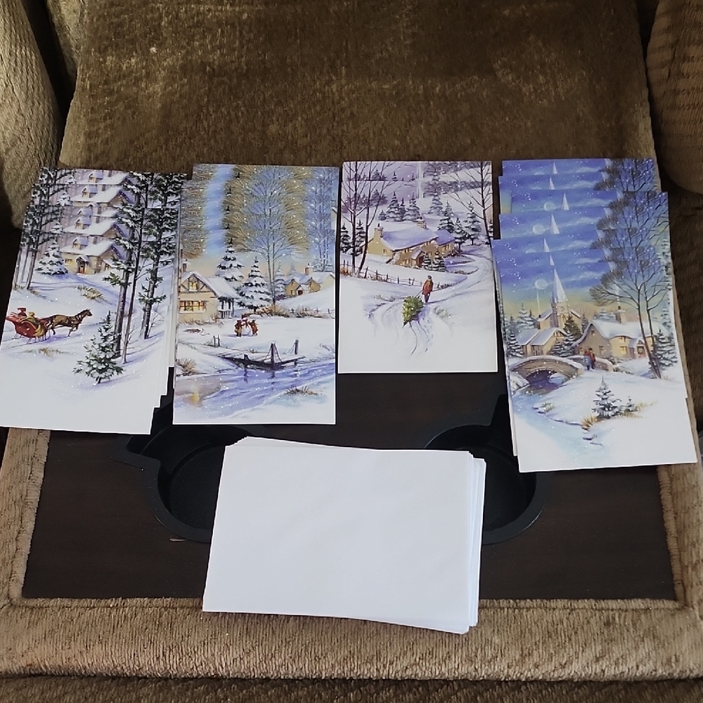 19 Winter glittery Christmas Holiday cards & envelopes, sleighs trees horse